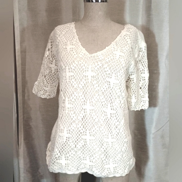 Orvis Crochet V-Neck T-shirt, Women White, Short sleeve,see thru shell, lining,M - Picture 1 of 9